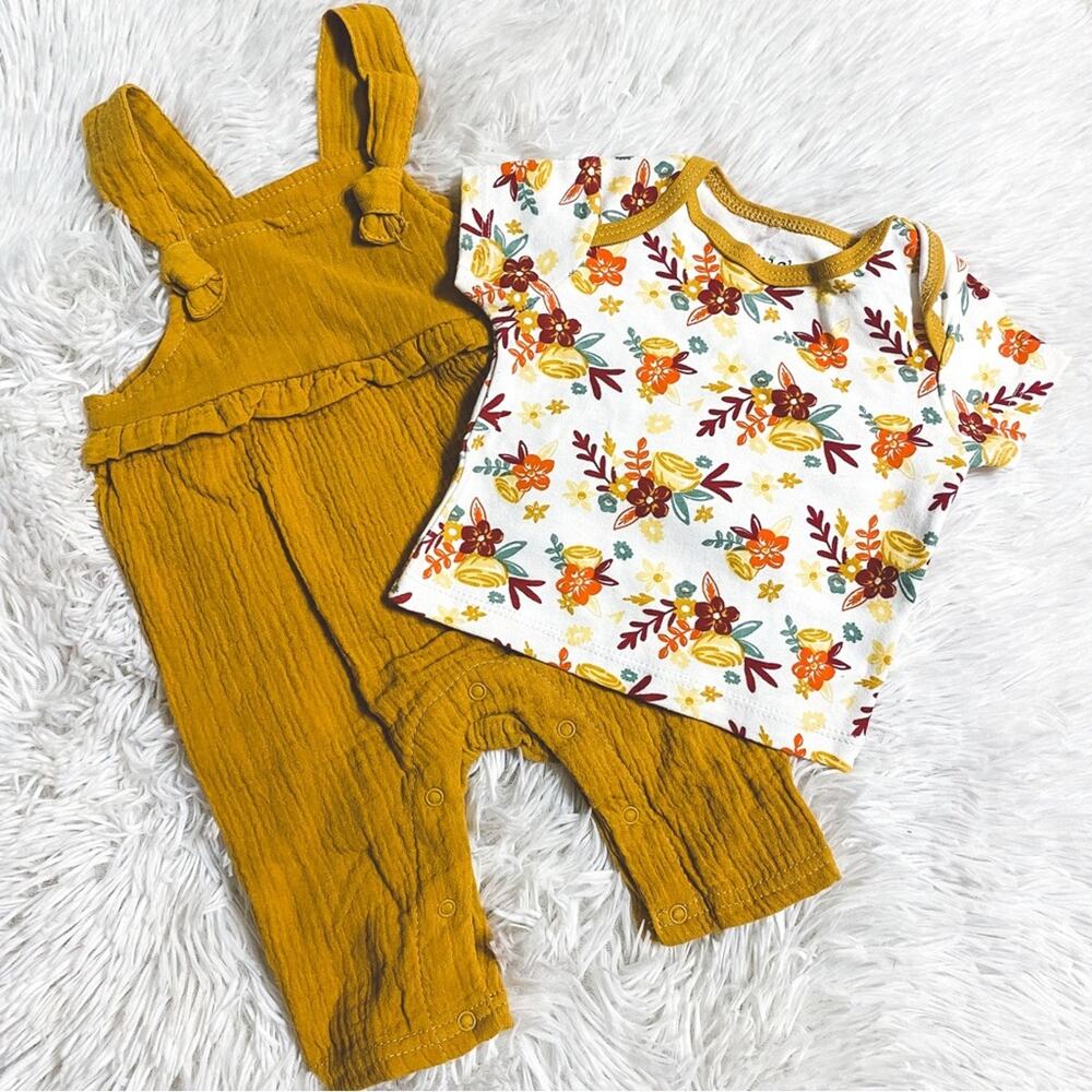 CHICK PEA • Boho Floral + Mustard Yellow Ruffle Romper Set